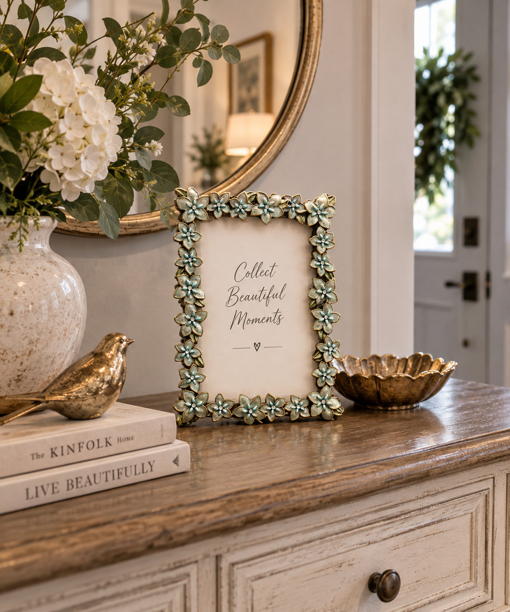 Vintage Floral Picture Frame Green Enamel Rhinestone Gold Tone 5x7 Photo Frame